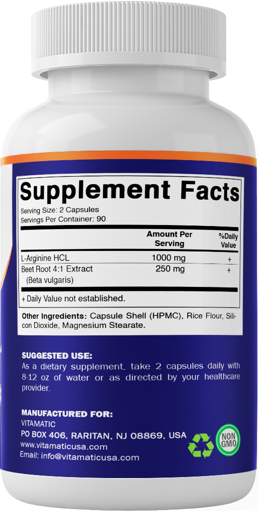 Beet Root + L-Arginine Capsules – 1000 mg L-Arginine HCl & 250 mg Beet Root Extract – 180 Veg Capsules
