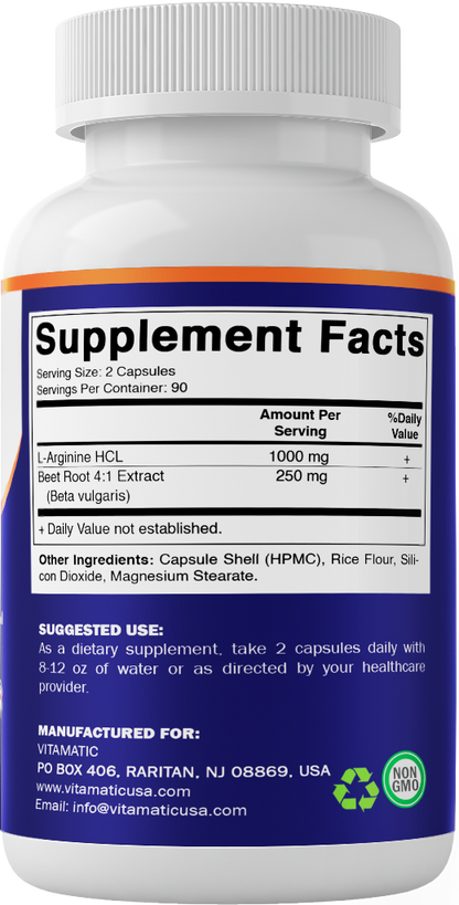 Beet Root + L-Arginine Capsules – 1000 mg L-Arginine HCl & 250 mg Beet Root Extract – 180 Veg Capsules