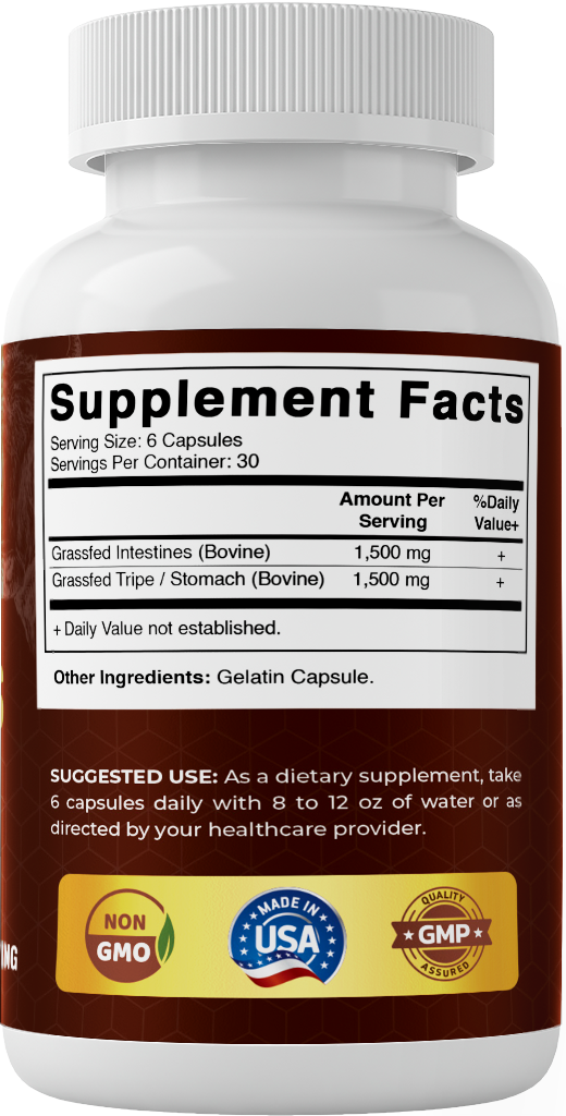 Vitamatic Grass-Fed Beef Intestines + Tripe/Stomach 180 Capsules – Freeze-Dried, Non-GMO, Bovine Liver Supplement – Pasture-Raised, Glandular-Based Formula