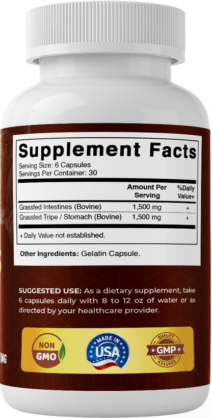 Vitamatic Grass-Fed Beef Intestines + Tripe/Stomach 180 Capsules – Freeze-Dried, Non-GMO, Bovine Liver Supplement – Pasture-Raised, Glandular-Based Formula