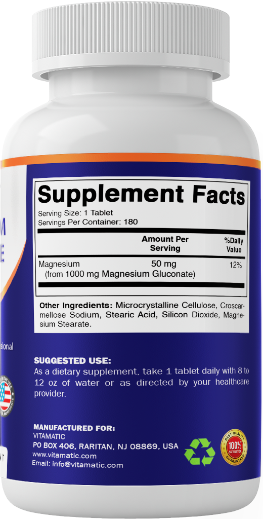 Magnesium Gluconate 1000mg, 180 Tablets