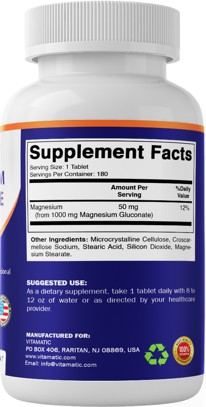 Magnesium Gluconate 1000mg, 180 Tablets