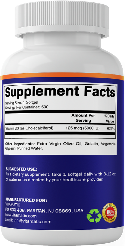 Vitamin D3 5000 IU (125 mcg), 500 Softgels