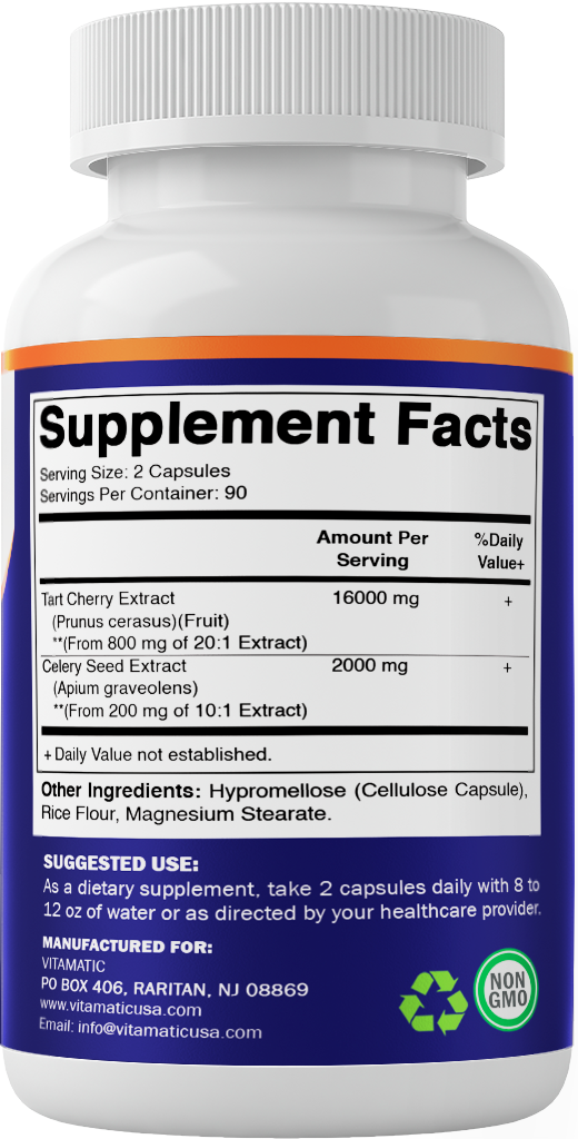Tart Cherry with Celery Seed Concentrated Extracts - 18,000mg Equivalent Per Serving - 180 Veg Capsules