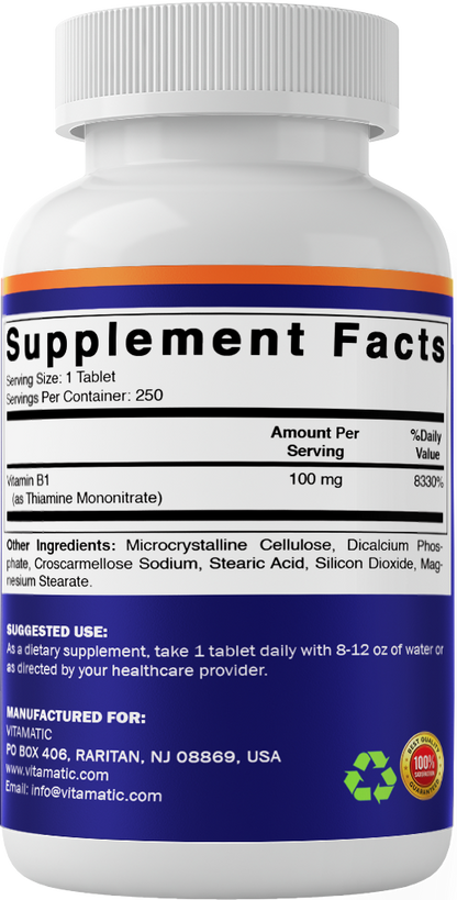 Vitamin B1 100mg High Potency, 250 Tablets