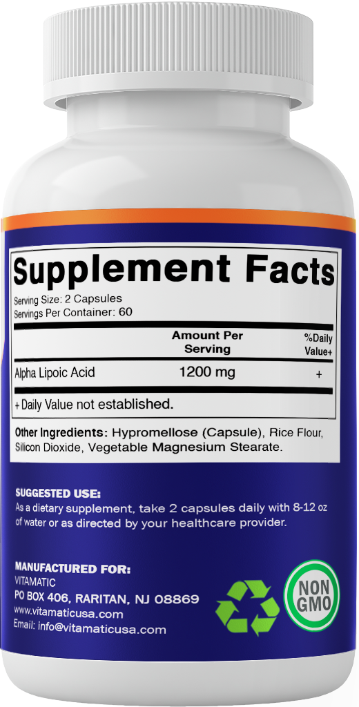 Vitamatic Alpha Lipoic Acid 1200mg Per Serving, 120 Capsules - Gluten Free, Vegetarian Capsules, Soy Free & Non-GMO