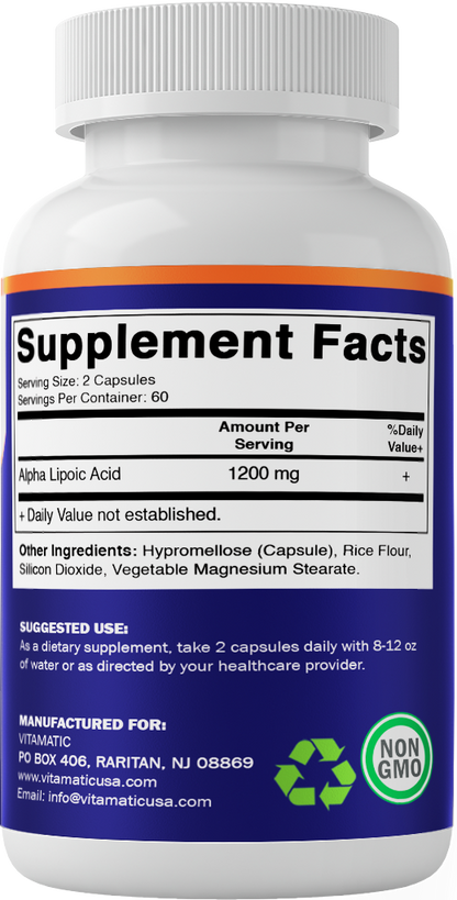 Vitamatic Alpha Lipoic Acid 1200mg Per Serving, 120 Capsules - Gluten Free, Vegetarian Capsules, Soy Free & Non-GMO