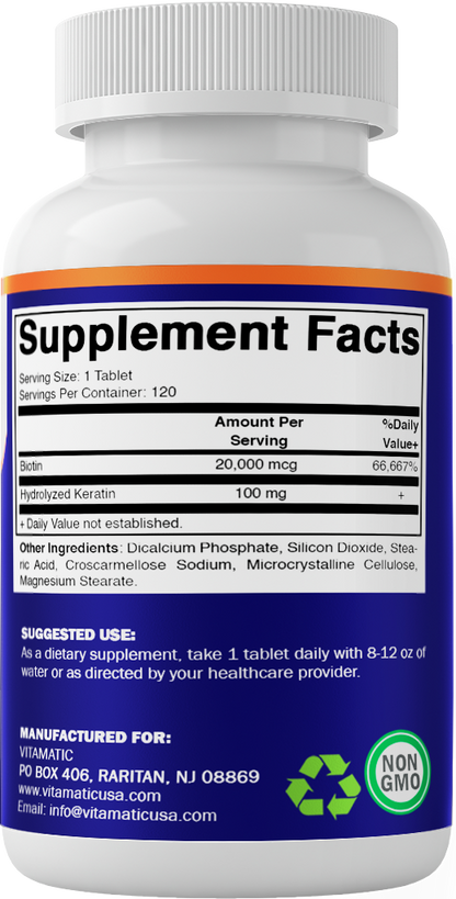 Biotin 20,000mcg with Keratin - 120 Vegetarian Tablets