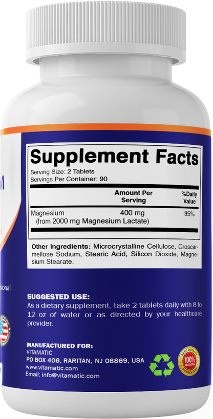 Magnesium Lactate 2000mg per Serving, 180 Tablets