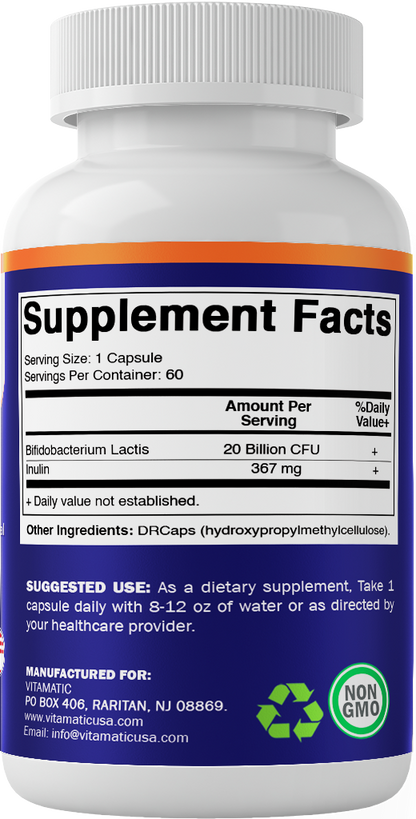 Vitamatic Bifidobacterium lactis - 20 Billion per DR Capsule - 60 Count - Digestive Support - Made with Prebiotic Inulin Fiber