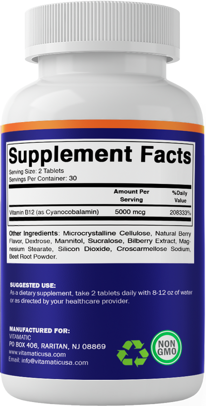 Vitamatic Vitamin B12 5000 mcg – 60 Fast Dissolve Tablets Berry Flavor