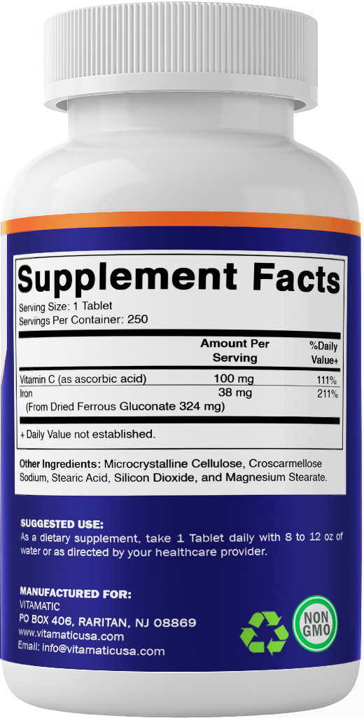 Ferrous Gluconate 324 mg + Vitamin C 100 mg (65 mg Elemental Iron) – 250 Coated Tablets, Made in USA