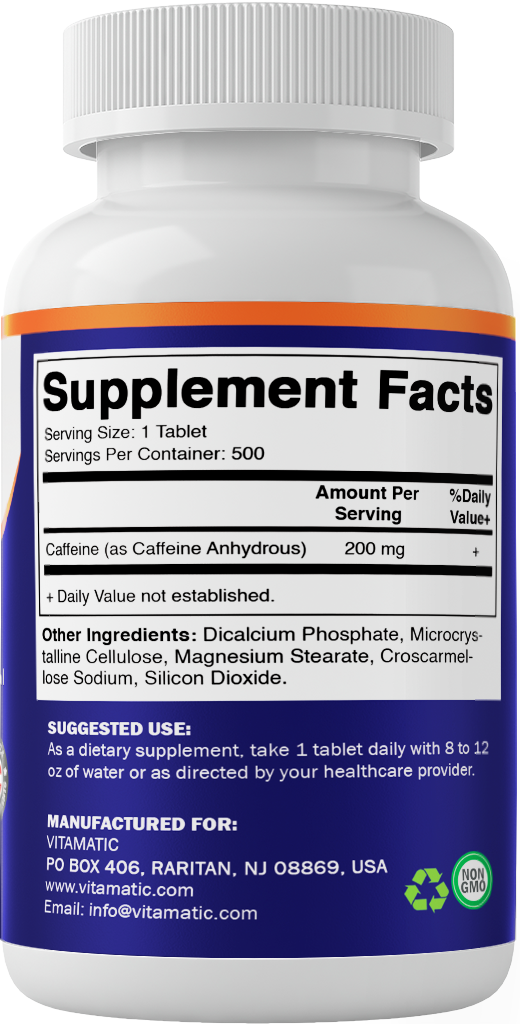 Vitamatic Caffeine Pills 200mg, 500 Vegetarian Tablets