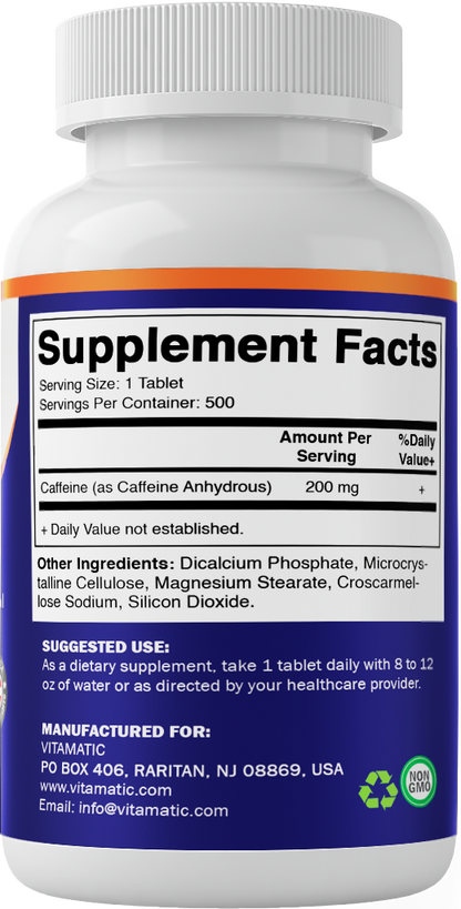 Vitamatic Caffeine Pills 200mg, 500 Vegetarian Tablets