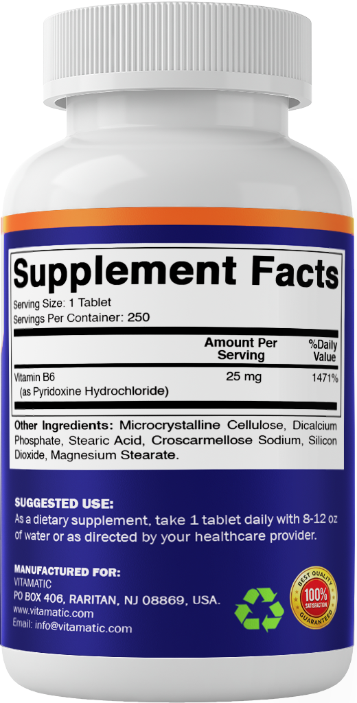 Vitamin B6 25mg High Potency, 250 Tablets