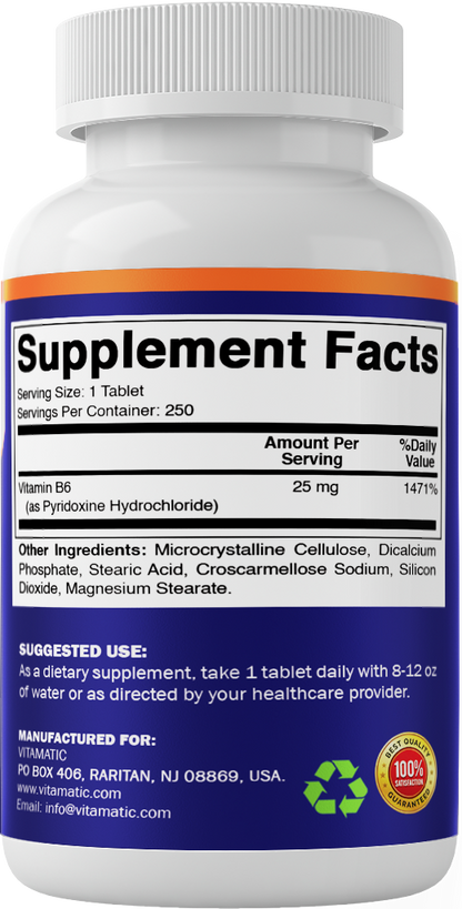 Vitamin B6 25mg High Potency, 250 Tablets