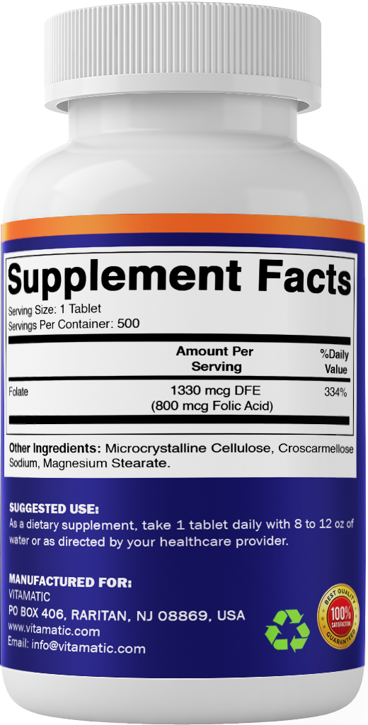 Folic Acid 800 mcg Supplement, 500 Veg Tablets