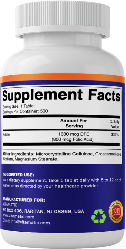Folic Acid 800 mcg Supplement, 500 Veg Tablets