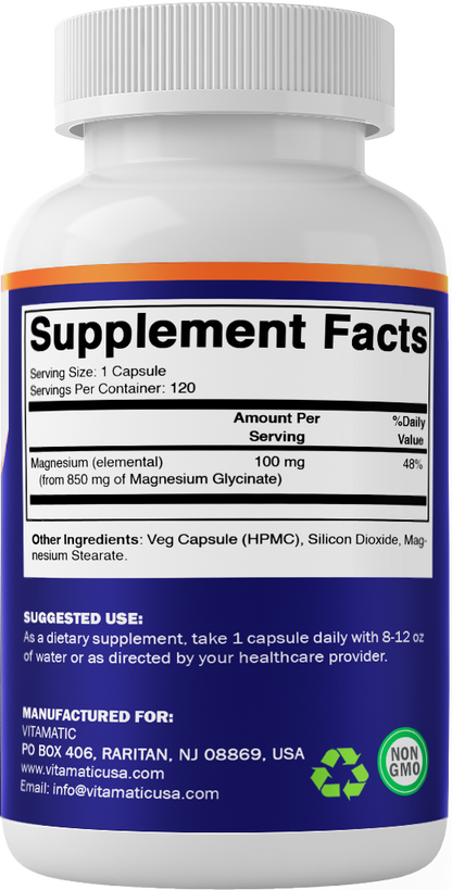 Magnesium Glycinate 850 mg (High Potency) – Supports Muscle, Nerve & Heart Health – 120 Veg Capsules – Non-GMO, Made in USA