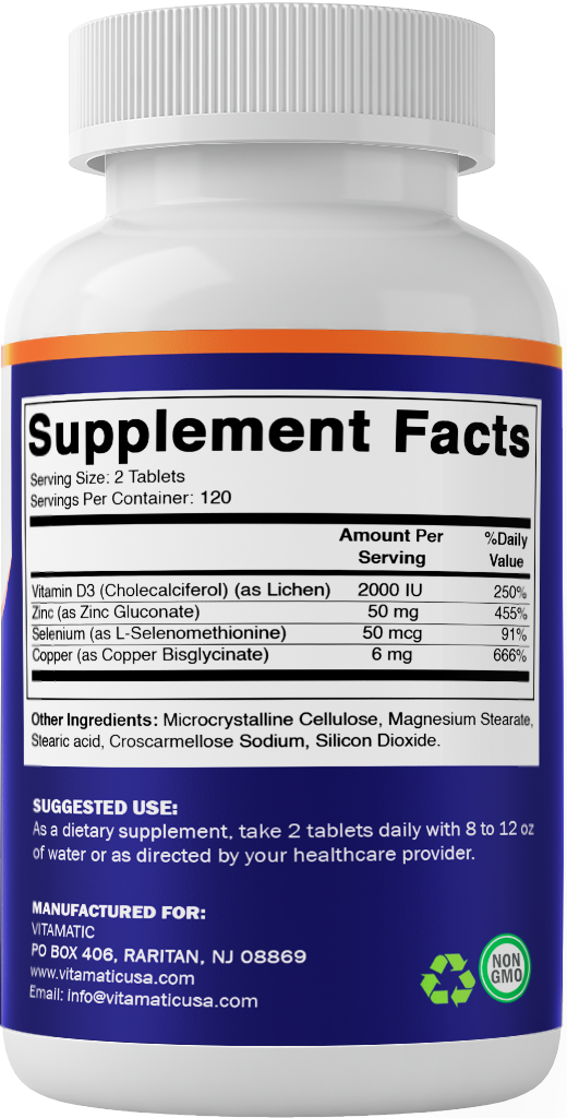 Copper Bisglycinate 6 mg Made with Vitamin D3 2000 IU, Zinc 50mg, Selenium 50mcg - 240 Tablets