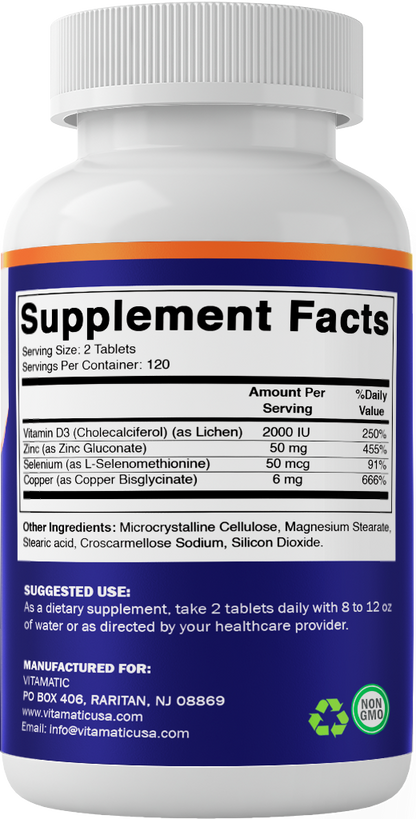 Copper Bisglycinate 6 mg Made with Vitamin D3 2000 IU, Zinc 50mg, Selenium 50mcg - 240 Tablets