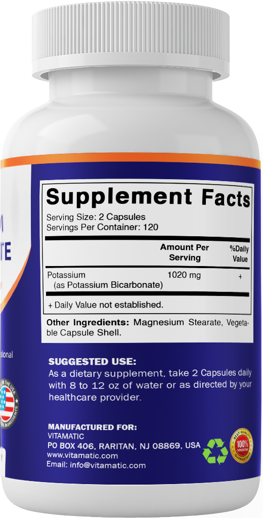 Potassium 1020mg Per Serving Supplement, 240 Veg Capsules