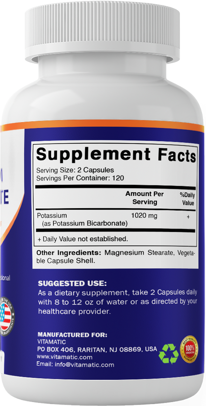 Potassium 1020mg Per Serving Supplement, 240 Veg Capsules