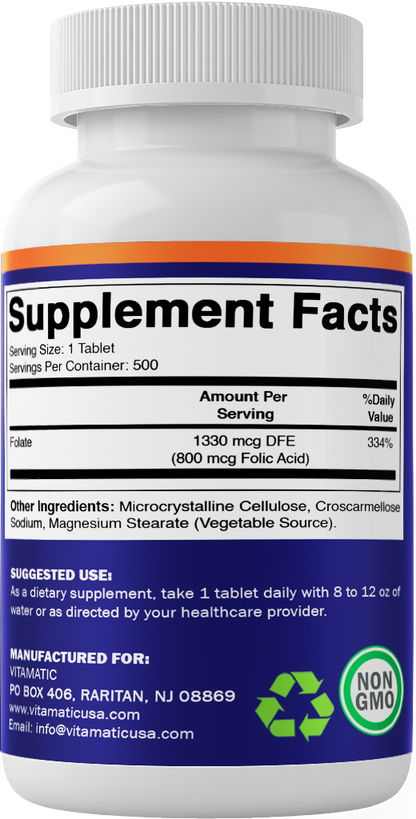Folic Acid 800mcg - 500 Vegetarian Tablets