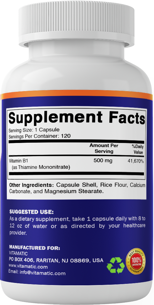 Vitamin B1 Thiamine 500mg, 120 Capsules