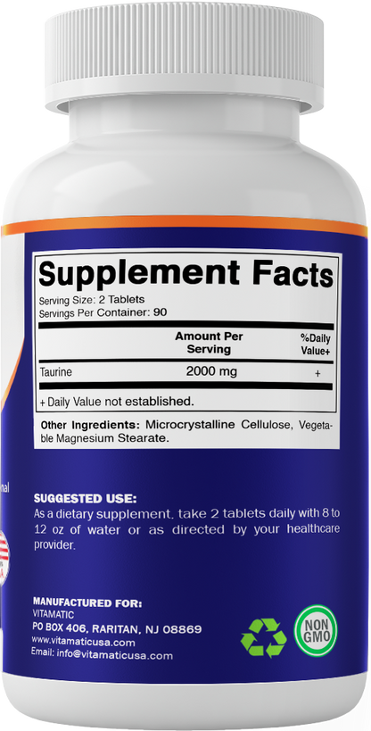 Taurine 2000mg Vegetarian Tablets, 180 Count, Non-GMO, Gluten Free