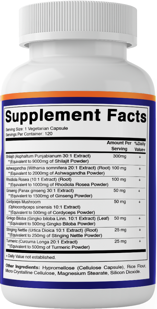 Shilajit Complex Capsules, 9000mg Equivalent, with Ashwagandha, Rhodiola, Ginseng, Cordyceps, Ginkgo, Nettle, Turmeric - 120 Veggie Capsules