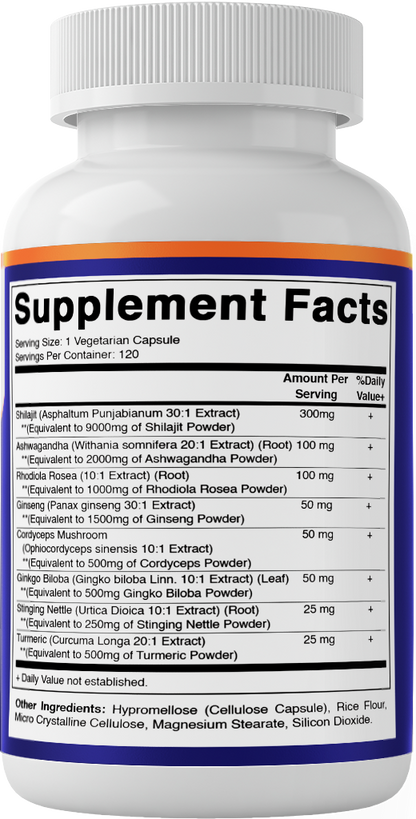 Shilajit Complex Capsules, 9000mg Equivalent, with Ashwagandha, Rhodiola, Ginseng, Cordyceps, Ginkgo, Nettle, Turmeric - 120 Veggie Capsules