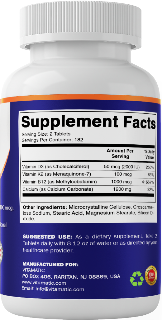 Calcium with D3, K2 & B12, 365 Coated Tablets