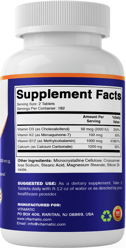 Calcium with D3, K2 & B12, 365 Coated Tablets