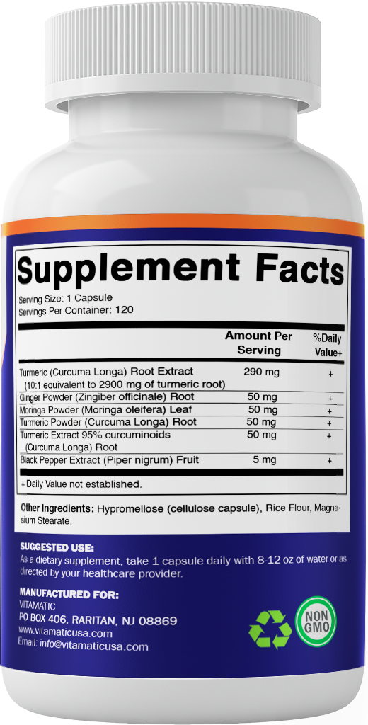 Turmeric Curcumin 3000mg, 95% Curcuminoids, Black Pepper, Ginger, Moringa - 120 Vegetable Capsules