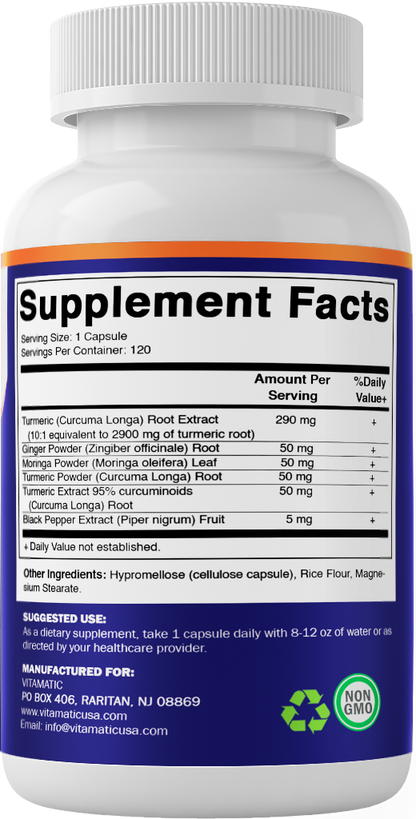 Turmeric Curcumin 3000mg, 95% Curcuminoids, Black Pepper, Ginger, Moringa - 120 Vegetable Capsules
