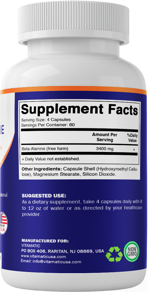 Vitamatic Beta-Alanine 3400 mg Per Serving – Supports Endurance, Muscle Performance & Workout Stamina – 240 Veg Capsules – Non-GMO, Made in USA
