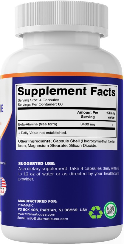 Vitamatic Beta-Alanine 3400 mg Per Serving – Supports Endurance, Muscle Performance & Workout Stamina – 240 Veg Capsules – Non-GMO, Made in USA