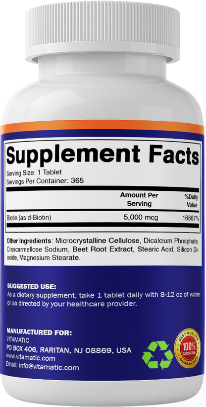 Biotin 5000 mcg Vegan Supplement, 365 Tablets