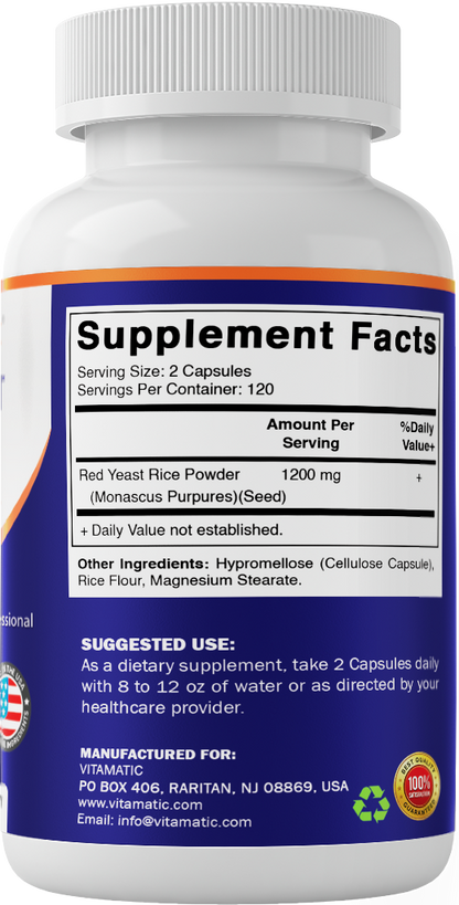 Red Yeast Rice 1200mg Supplement, 240 Capsules