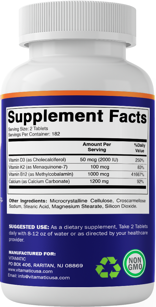 Vitamatic Calcium Supplement 1200mg with D3, K2 & B12, Immune & Bone Health Support - 365 Coated Tablets