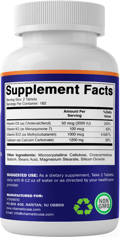 Vitamatic Calcium Supplement 1200mg with D3, K2 & B12, Immune & Bone Health Support - 365 Coated Tablets