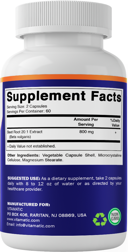 Vitamatic Beet Root 20:1 Extract Supplement Facts and suggested use – 120 capsules