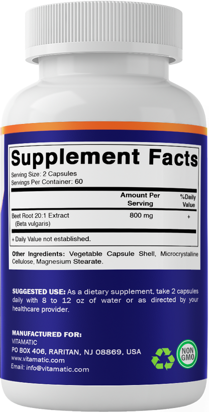Vitamatic Beet Root 20:1 Extract Supplement Facts and suggested use – 120 capsules