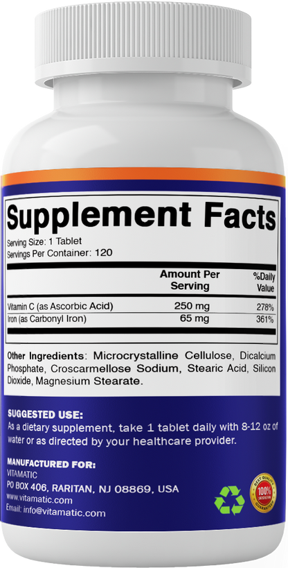Vitamatic Carbonyl Iron 65mg + Vitamin C, 120 Tablets