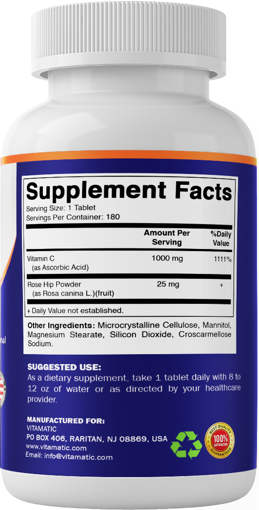 Vitamatic Vitamin C 1000 mg with Rose Hip 25 mg – 180 Tablets