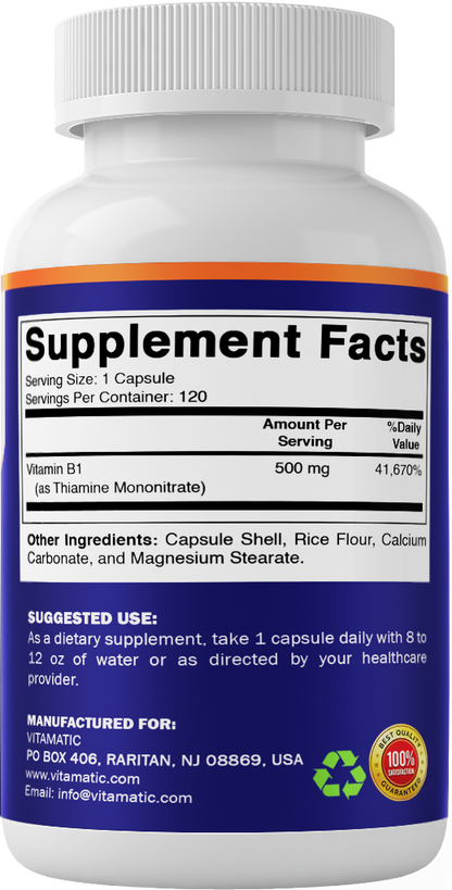 Vitamatic Vitamin B1 Thiamine 500mg, 120 Capsules