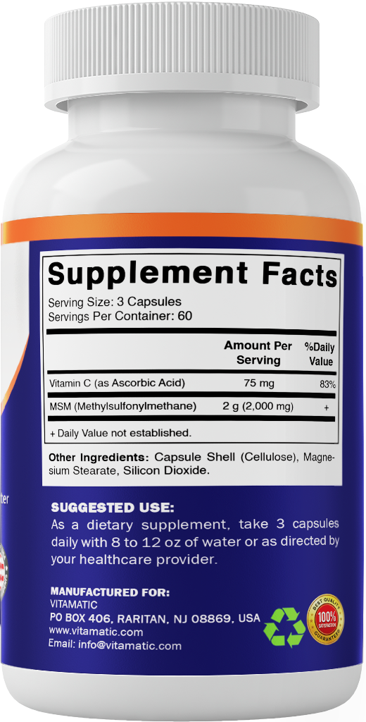 MSM 2000mg with Vitamin C 75mg, 180 Veg Capsules