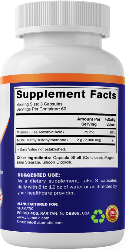 MSM 2000mg with Vitamin C 75mg, 180 Veg Capsules