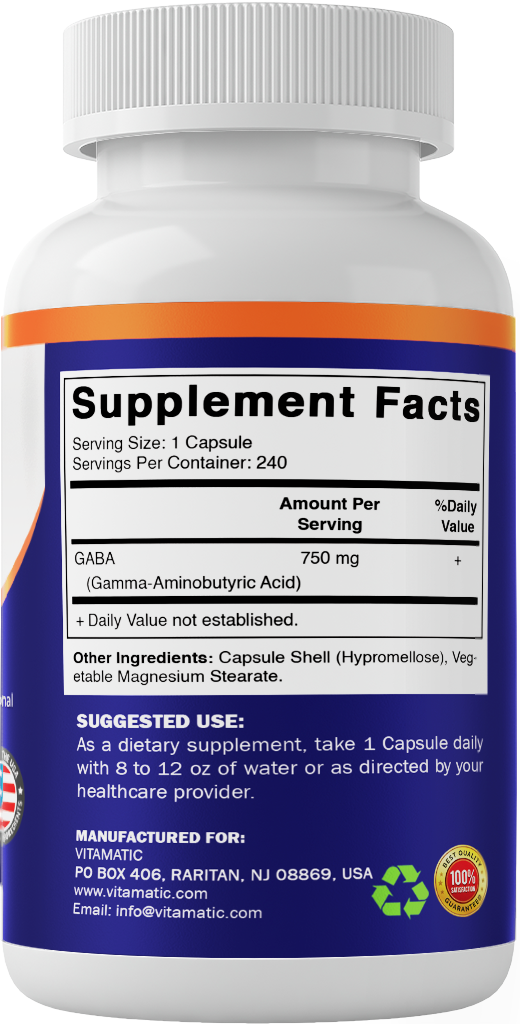 GABA 750mg Gamma Aminobutyric Acid, 240 Capsules